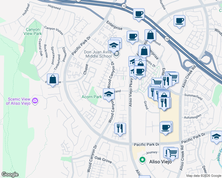 map of restaurants, bars, coffee shops, grocery stores, and more near 21 Caledon Court in Aliso Viejo