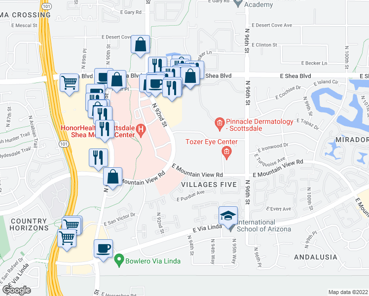 map of restaurants, bars, coffee shops, grocery stores, and more near 10001 North 92nd Street in Scottsdale