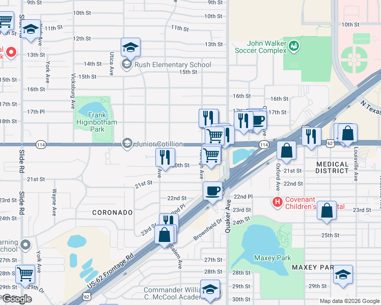 map of restaurants, bars, coffee shops, grocery stores, and more near 4505 19th Street in Lubbock