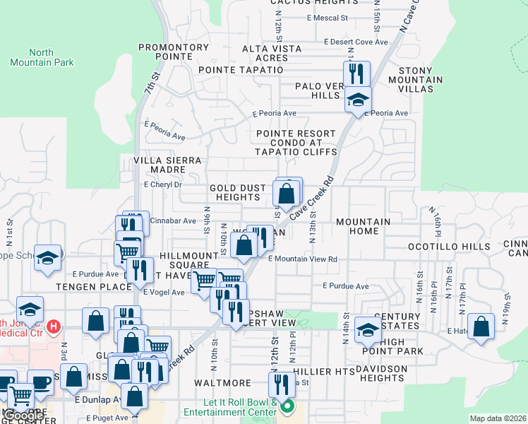 map of restaurants, bars, coffee shops, grocery stores, and more near 1133 East Brown Street in Phoenix