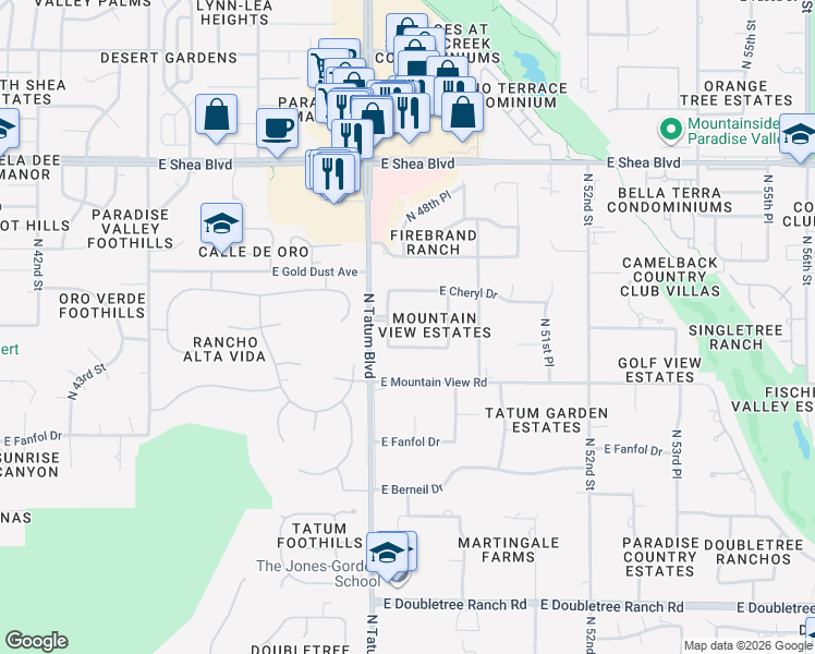 map of restaurants, bars, coffee shops, grocery stores, and more near 9853 North 48th Place in Paradise Valley
