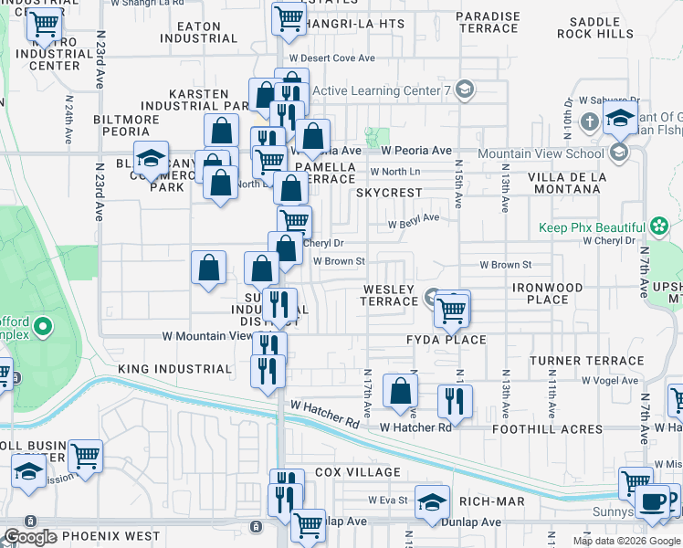map of restaurants, bars, coffee shops, grocery stores, and more near 1721 West Brown Street in Phoenix