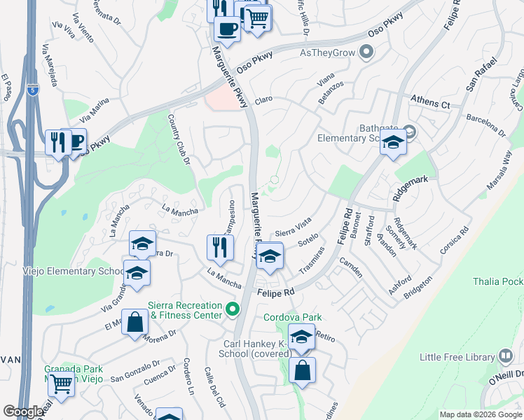map of restaurants, bars, coffee shops, grocery stores, and more near 26526 Esteban in Mission Viejo