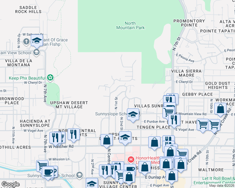 map of restaurants, bars, coffee shops, grocery stores, and more near 9862 North 1st Street in Phoenix