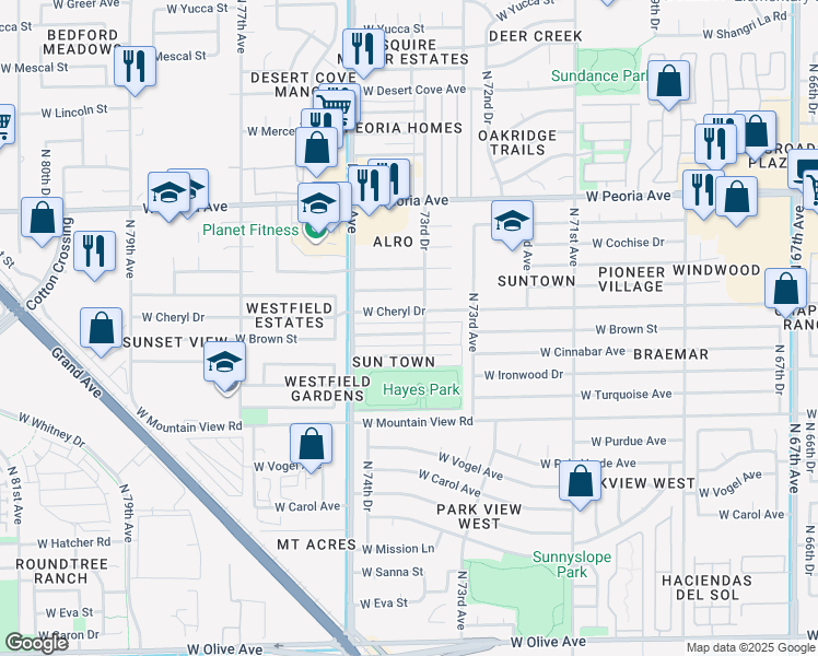 map of restaurants, bars, coffee shops, grocery stores, and more near 7395 West Cheryl Drive in Peoria