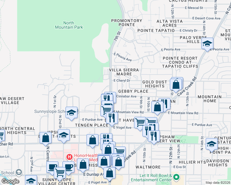 map of restaurants, bars, coffee shops, grocery stores, and more near 10001 North 7th Street in Phoenix