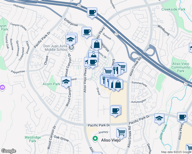 map of restaurants, bars, coffee shops, grocery stores, and more near 16 Compass Court in Aliso Viejo