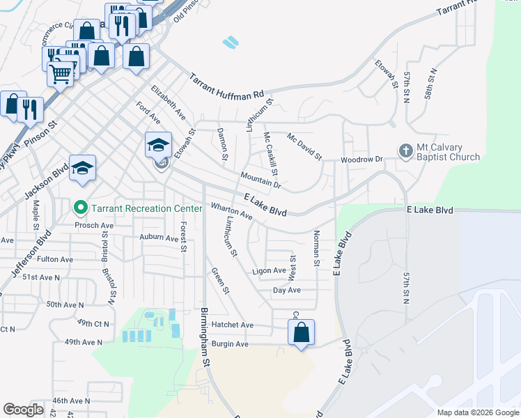 map of restaurants, bars, coffee shops, grocery stores, and more near 1733 East Lake Boulevard in Birmingham