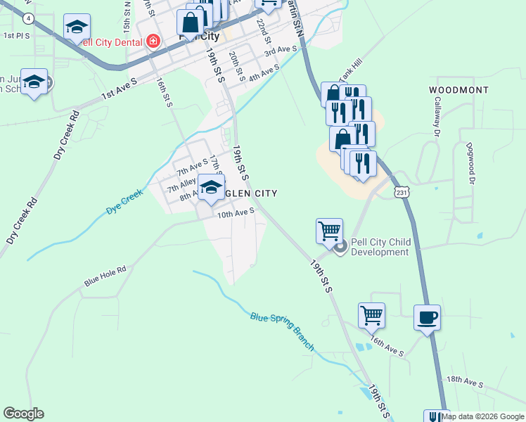map of restaurants, bars, coffee shops, grocery stores, and more near 1507 19th Street South in Pell City