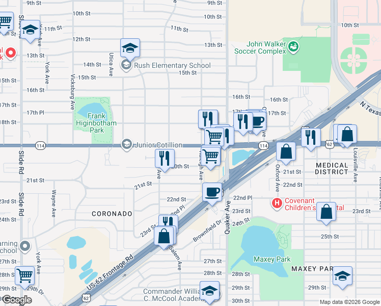 map of restaurants, bars, coffee shops, grocery stores, and more near 4505 19th Street in Lubbock