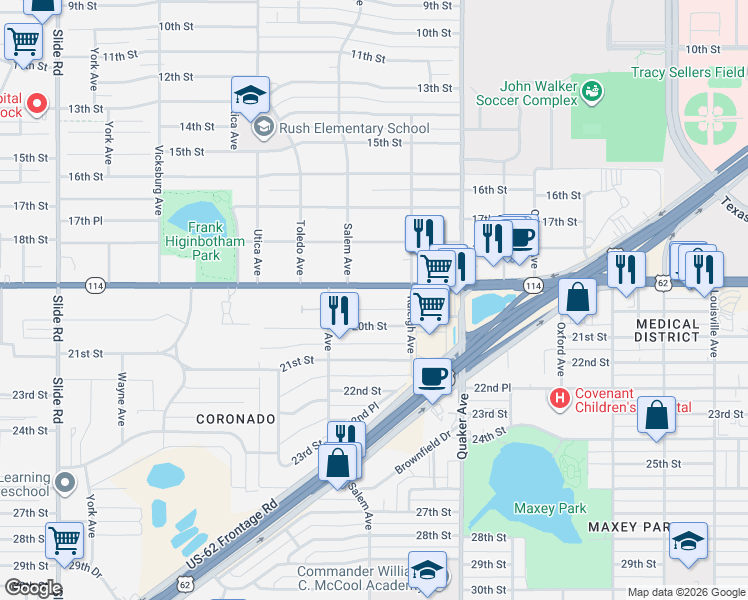 map of restaurants, bars, coffee shops, grocery stores, and more near 4505 19th Street in Lubbock