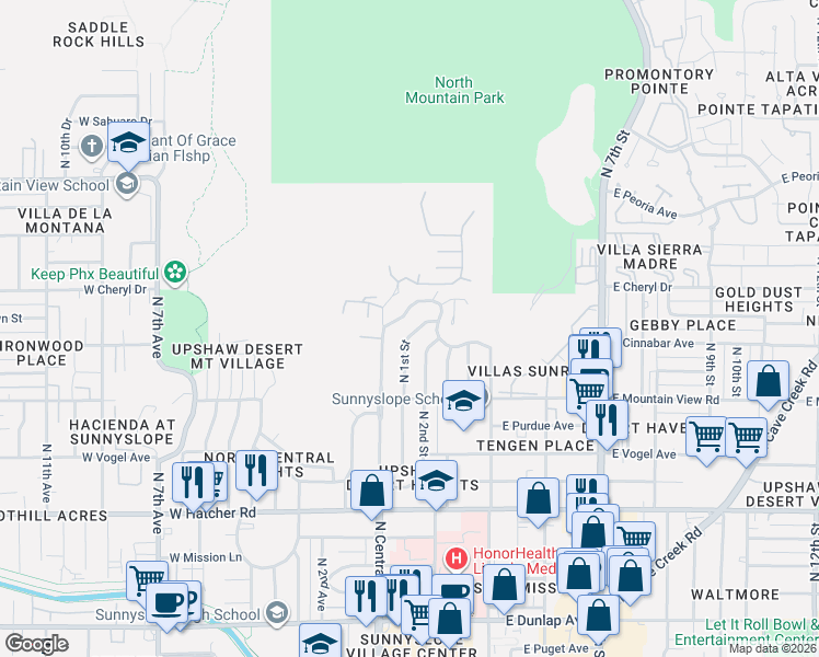 map of restaurants, bars, coffee shops, grocery stores, and more near 9862 North 1st Street in Phoenix