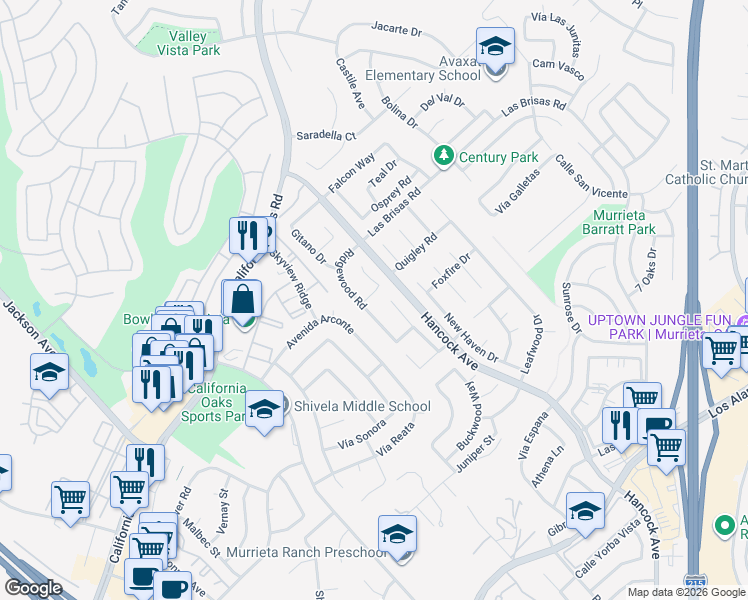 map of restaurants, bars, coffee shops, grocery stores, and more near 24438 Ridgewood Road in Murrieta