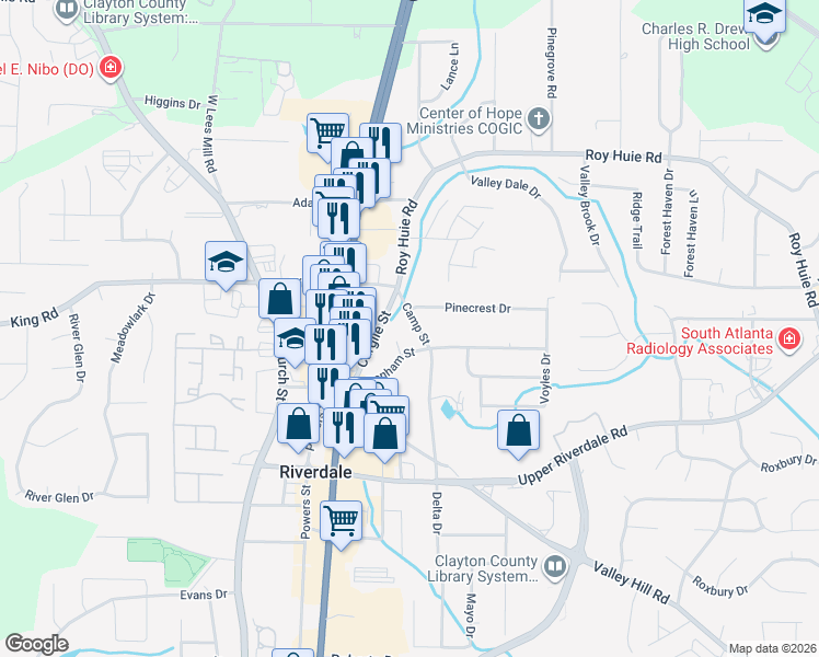 map of restaurants, bars, coffee shops, grocery stores, and more near 6477 Camp Street in Riverdale