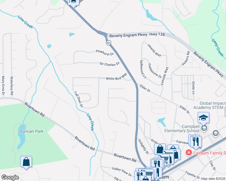 map of restaurants, bars, coffee shops, grocery stores, and more near 2020 Winding Crossing Trail in Fairburn