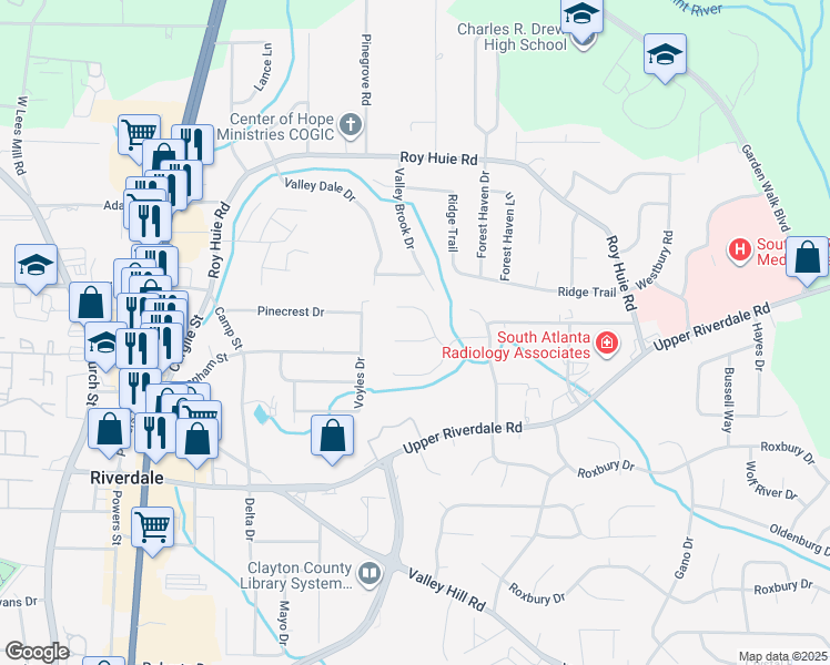 map of restaurants, bars, coffee shops, grocery stores, and more near 365 Riverbrook Court in Riverdale