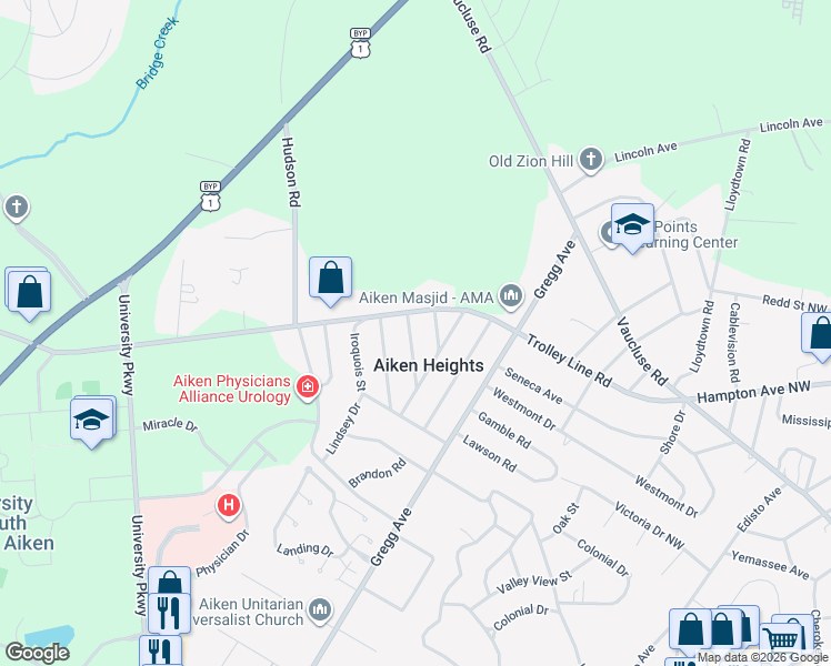 map of restaurants, bars, coffee shops, grocery stores, and more near 118 Edgemont Street in Aiken