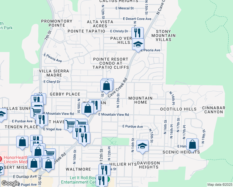map of restaurants, bars, coffee shops, grocery stores, and more near 10029 North Cave Creek Road in Phoenix