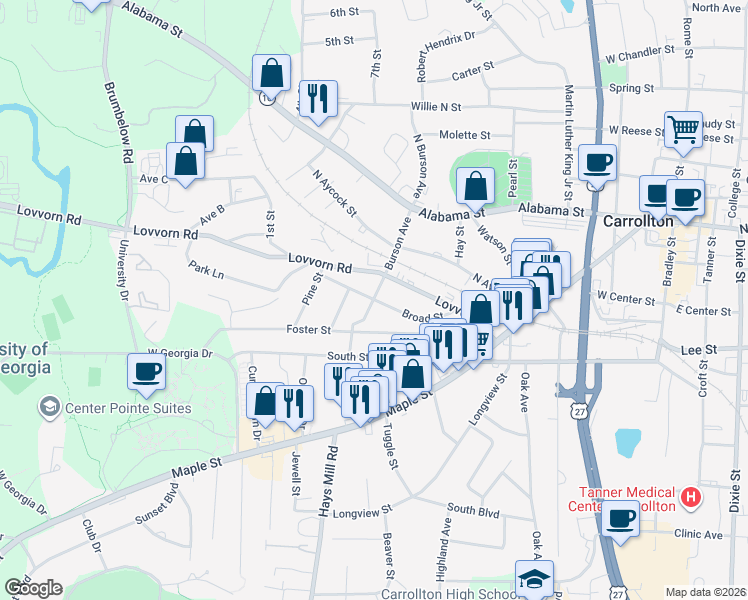 map of restaurants, bars, coffee shops, grocery stores, and more near 399 Burson Avenue in Carrollton
