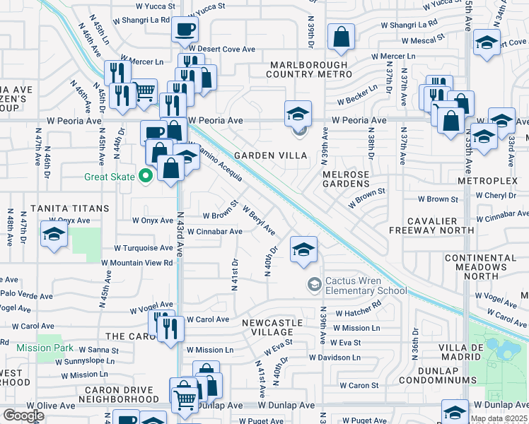 map of restaurants, bars, coffee shops, grocery stores, and more near 4036 West Cinnabar Avenue in Phoenix