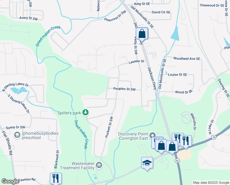 map of restaurants, bars, coffee shops, grocery stores, and more near 8112 Puckett Street Southwest in Covington