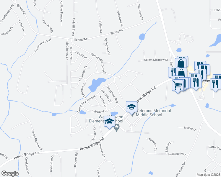 map of restaurants, bars, coffee shops, grocery stores, and more near 25 Westfield Way in Covington