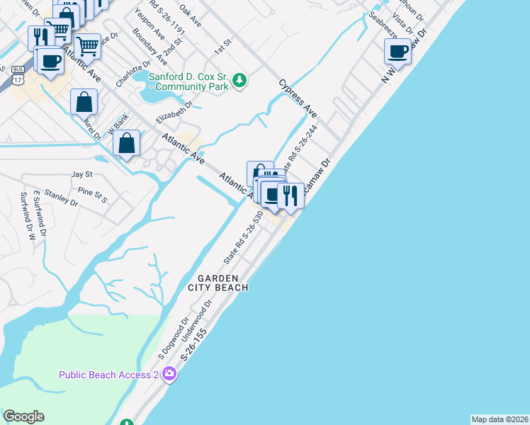 map of restaurants, bars, coffee shops, grocery stores, and more near 125 Atlantic Avenue in Murrells Inlet