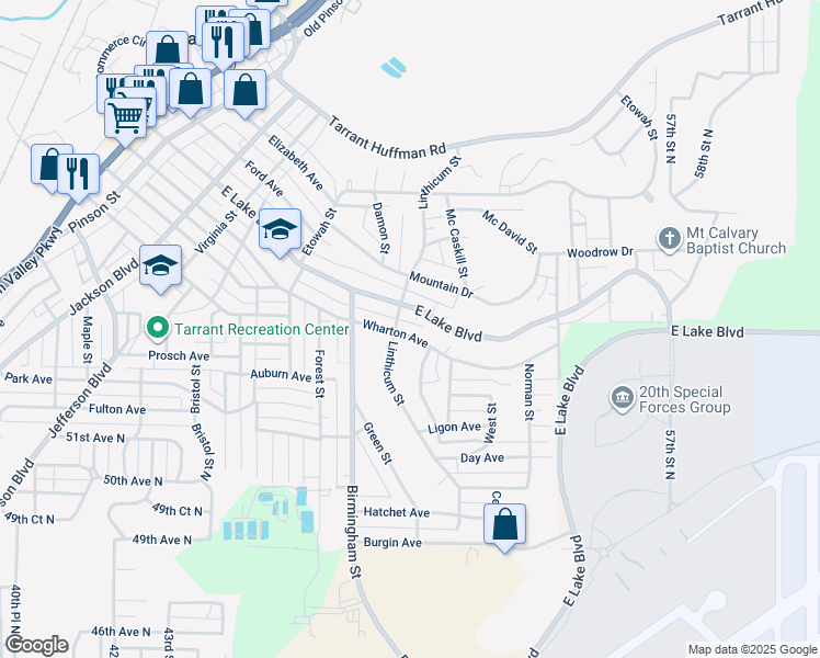 map of restaurants, bars, coffee shops, grocery stores, and more near 1708 Wharton Avenue in Birmingham