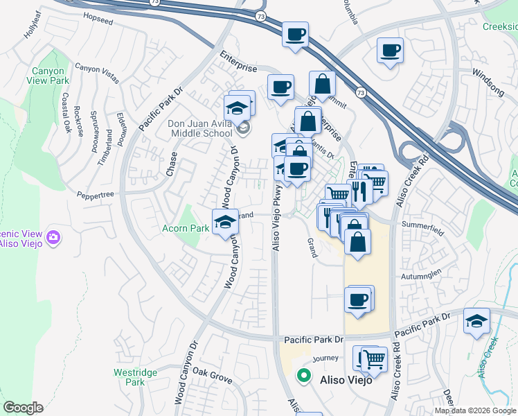 map of restaurants, bars, coffee shops, grocery stores, and more near 20 Kara Court in Aliso Viejo