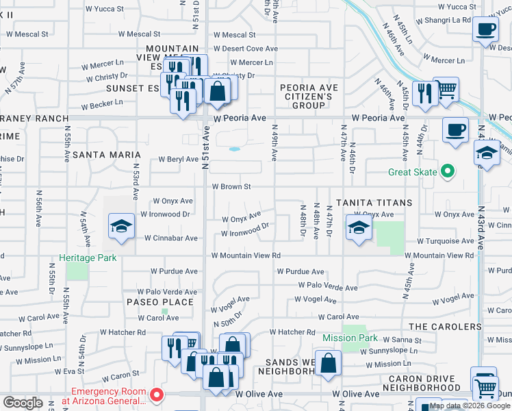 map of restaurants, bars, coffee shops, grocery stores, and more near 10026 North 49th Drive in Glendale