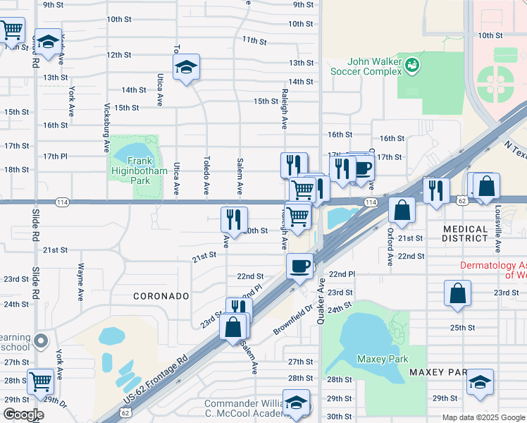 map of restaurants, bars, coffee shops, grocery stores, and more near 4505 19th Street in Lubbock