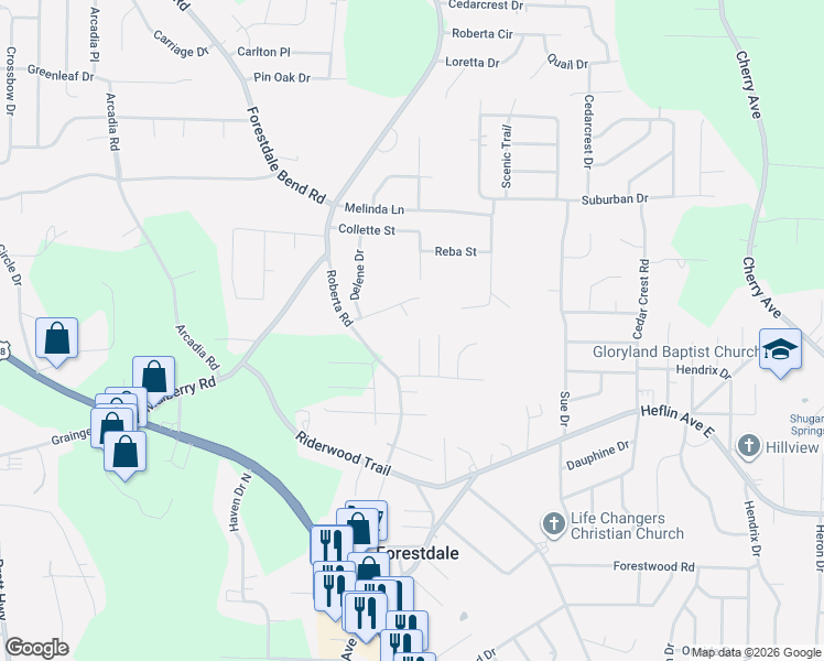 map of restaurants, bars, coffee shops, grocery stores, and more near 1816 Breckenridge Lane in Birmingham