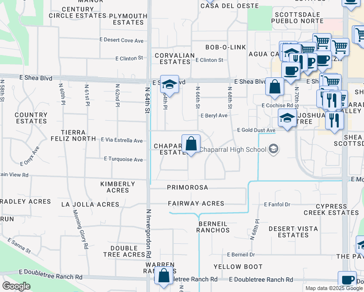 map of restaurants, bars, coffee shops, grocery stores, and more near 6512 East Turquoise Avenue in Paradise Valley