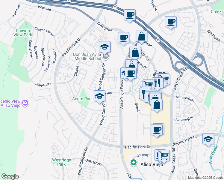 map of restaurants, bars, coffee shops, grocery stores, and more near 20 Richemont Way in Aliso Viejo