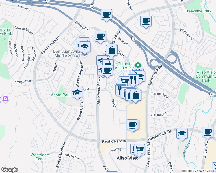 map of restaurants, bars, coffee shops, grocery stores, and more near 2 Vantis Drive in Aliso Viejo