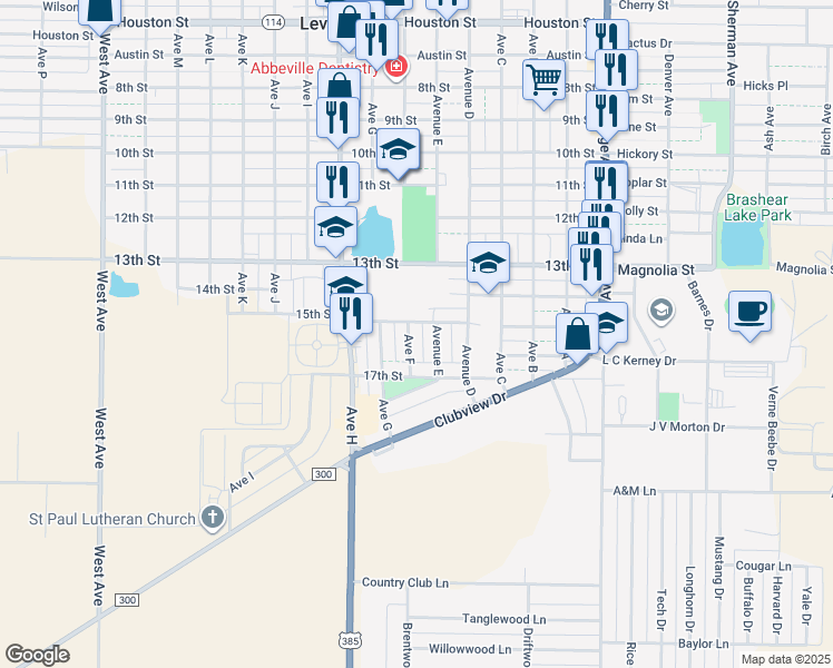 map of restaurants, bars, coffee shops, grocery stores, and more near 1501 Avenue F in Levelland