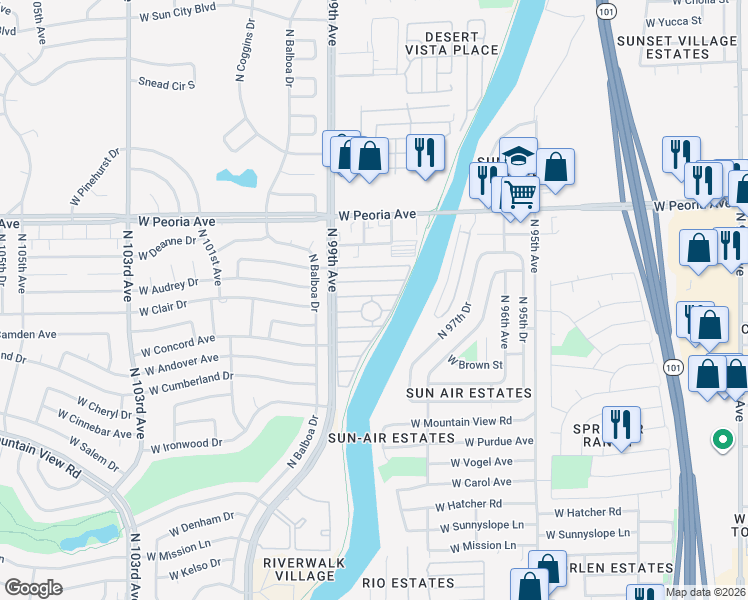 map of restaurants, bars, coffee shops, grocery stores, and more near 10201 North 99th Avenue in Peoria