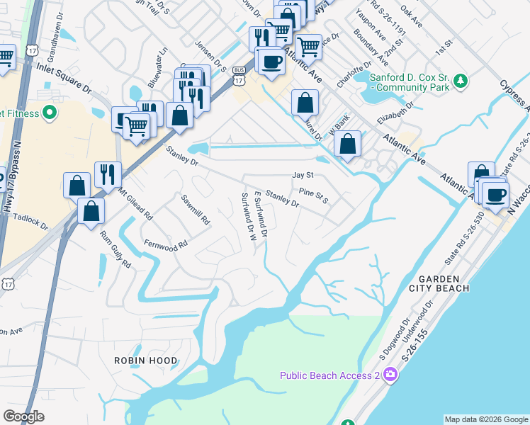 map of restaurants, bars, coffee shops, grocery stores, and more near 390 Di-Cindy Lane in Murrells Inlet