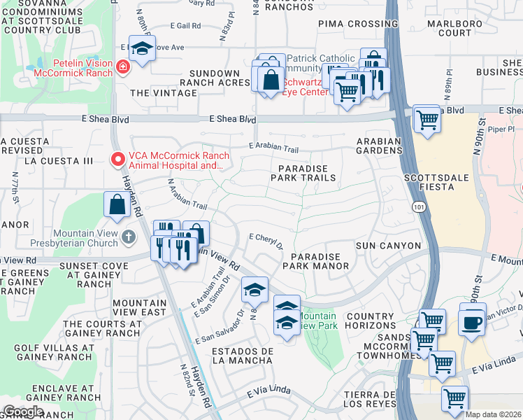 map of restaurants, bars, coffee shops, grocery stores, and more near 8407 East Welsh Trail in Scottsdale