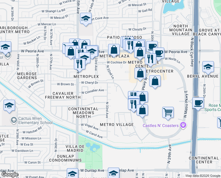 map of restaurants, bars, coffee shops, grocery stores, and more near 3231 W Brown St in Phoenix