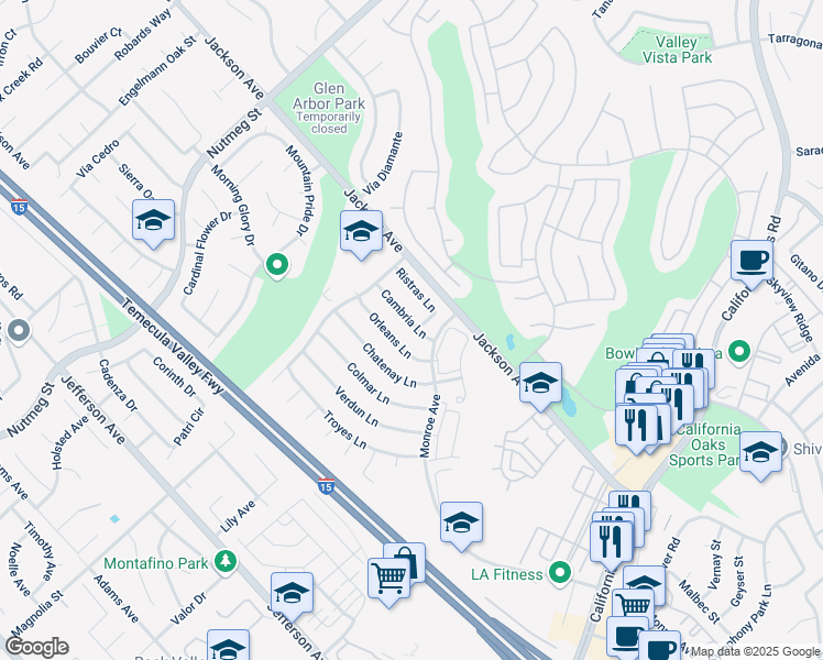 map of restaurants, bars, coffee shops, grocery stores, and more near 24071 Cambria Lane in Murrieta