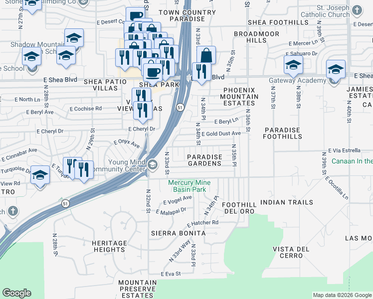 map of restaurants, bars, coffee shops, grocery stores, and more near 3337 East Onyx Avenue in Phoenix
