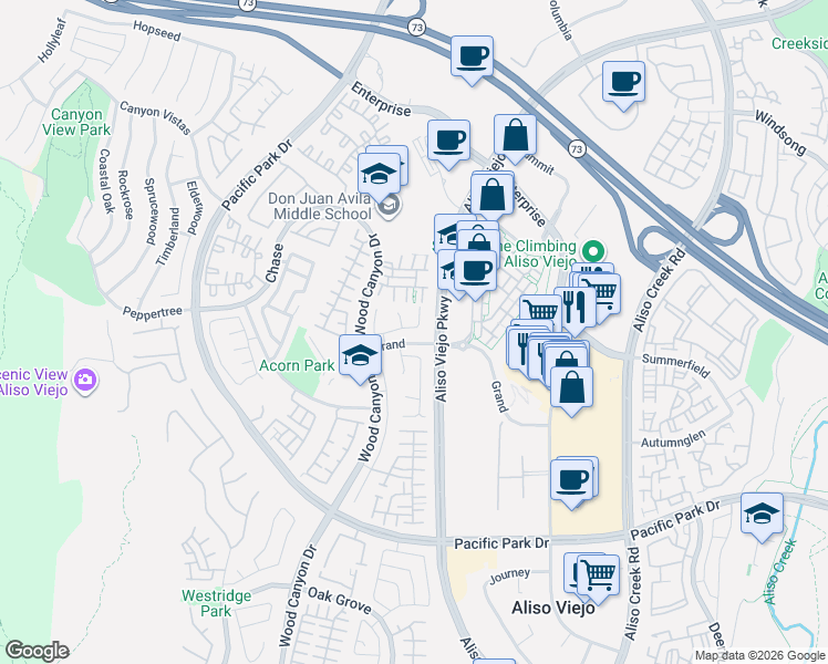 map of restaurants, bars, coffee shops, grocery stores, and more near 26 Richemont Way in Aliso Viejo