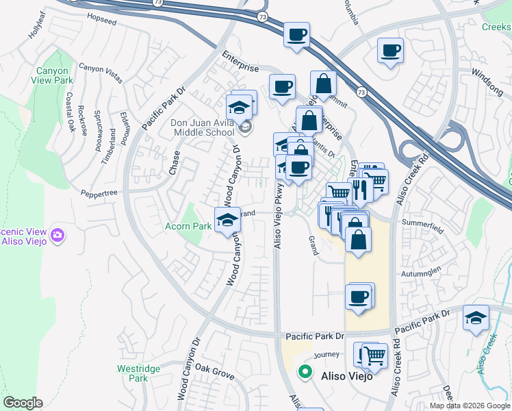 map of restaurants, bars, coffee shops, grocery stores, and more near 20 Kara Court in Aliso Viejo