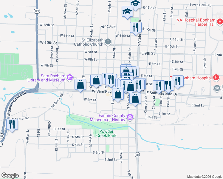 map of restaurants, bars, coffee shops, grocery stores, and more near 300 West Sam Rayburn Drive in Bonham