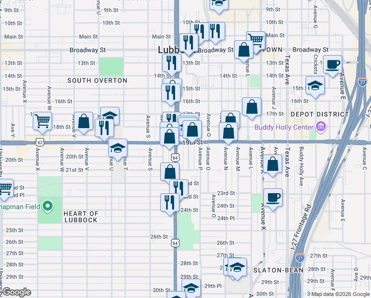 map of restaurants, bars, coffee shops, grocery stores, and more near in Lubbock