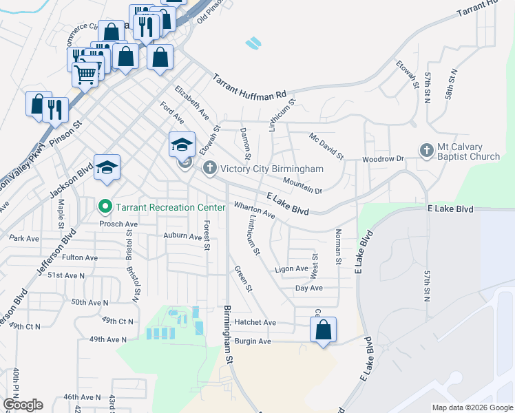 map of restaurants, bars, coffee shops, grocery stores, and more near 1700 Wharton Avenue in Birmingham