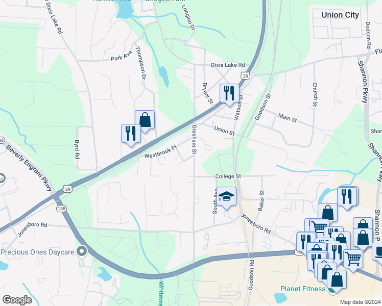map of restaurants, bars, coffee shops, grocery stores, and more near 6541 Gresham Street in Union City