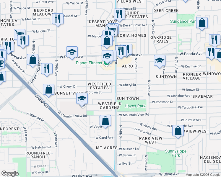 map of restaurants, bars, coffee shops, grocery stores, and more near 7513 West Cheryl Drive in Peoria