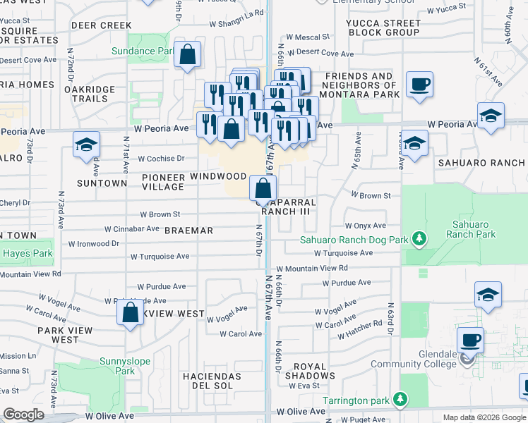 map of restaurants, bars, coffee shops, grocery stores, and more near 10039 North 67th Drive in Peoria
